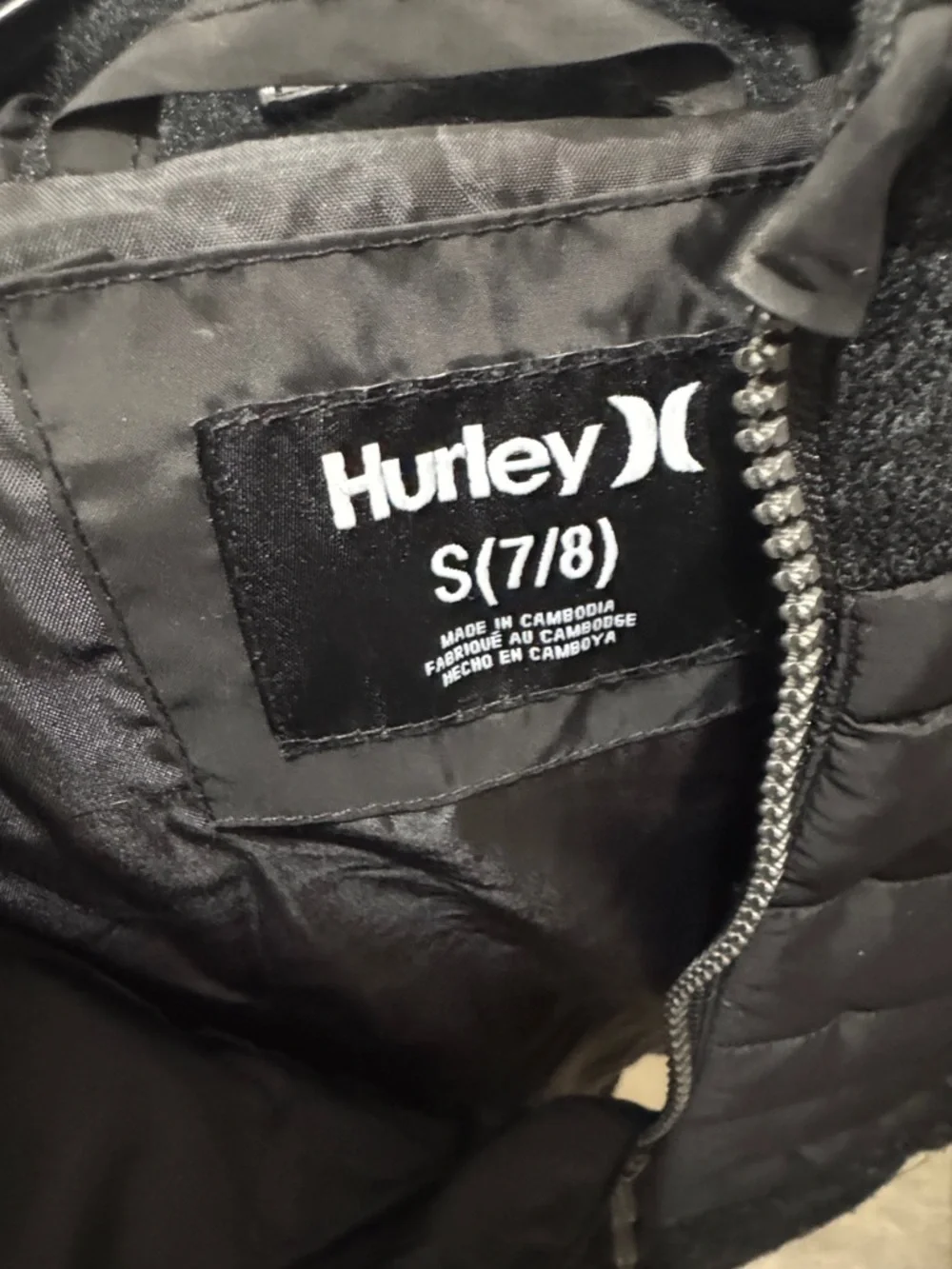 Hurley Kids Black Quilted Puffer Hoodie Jacket, Sz Small (7/8)